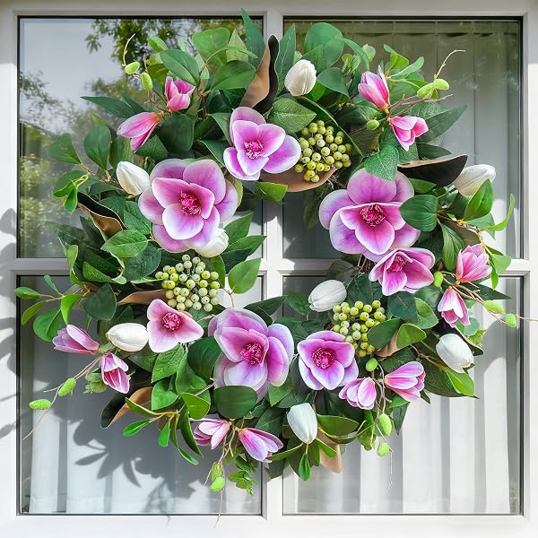 SPRING WREATHS FOR FRONT DOOR OUTSIDE– 24 INCH SPRING DOOR WREATH WITH PINK MAGNOLIA AND ANEMONE FLORAL WREATH WITH GREENERY,COLORFUL WELCOME SUMMER WREATHS FOR FRONT DOOR (GREEN)