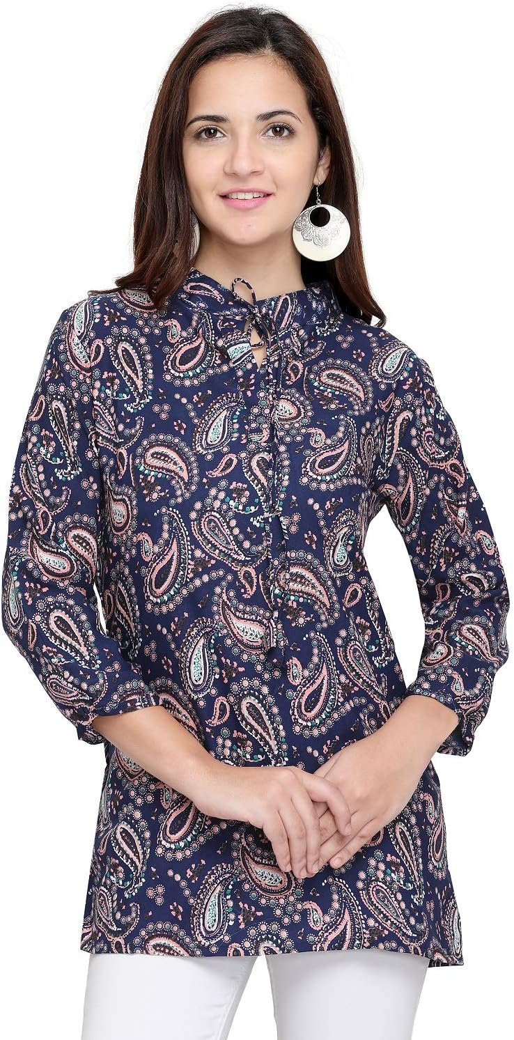 Vrati Fashion Women's Tunic Short Plain Diamond Crepe Top (Blue, Medium)