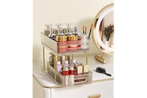 colorsmoon 2-Tier Makeup and Skincare Organizers for Vanity, Large Perfume Organizer, Pull-out Bathroom Organizers and Storage with 4 Removable Dividers for Bath, Bedroom, Cabinet, Champagne Gold