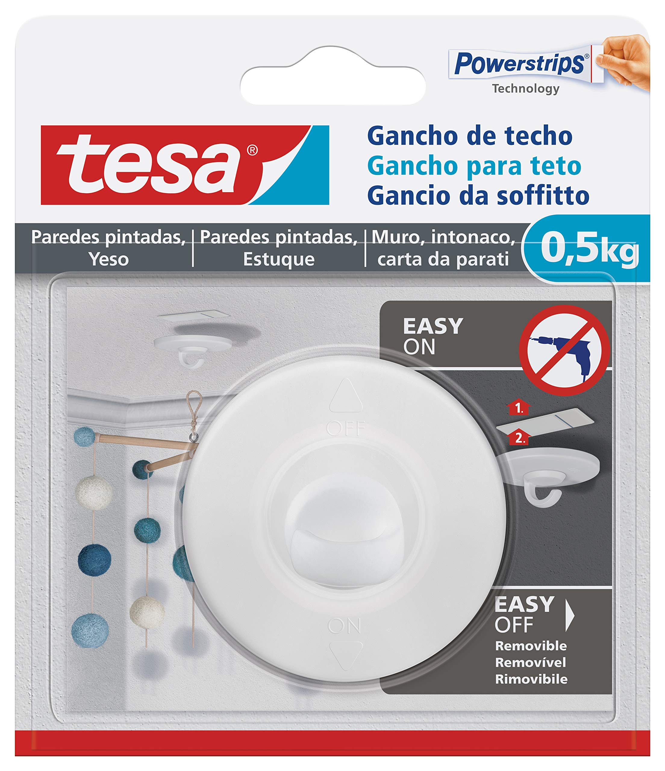 tesa® Ceiling Hook for Wallpaper and Plaster – self-Adhesive Hook – Ideal for mounting Decorative Elements – Each Hook Holds up to 0.5 kg – can be Removed Without Leaving Any Residue.