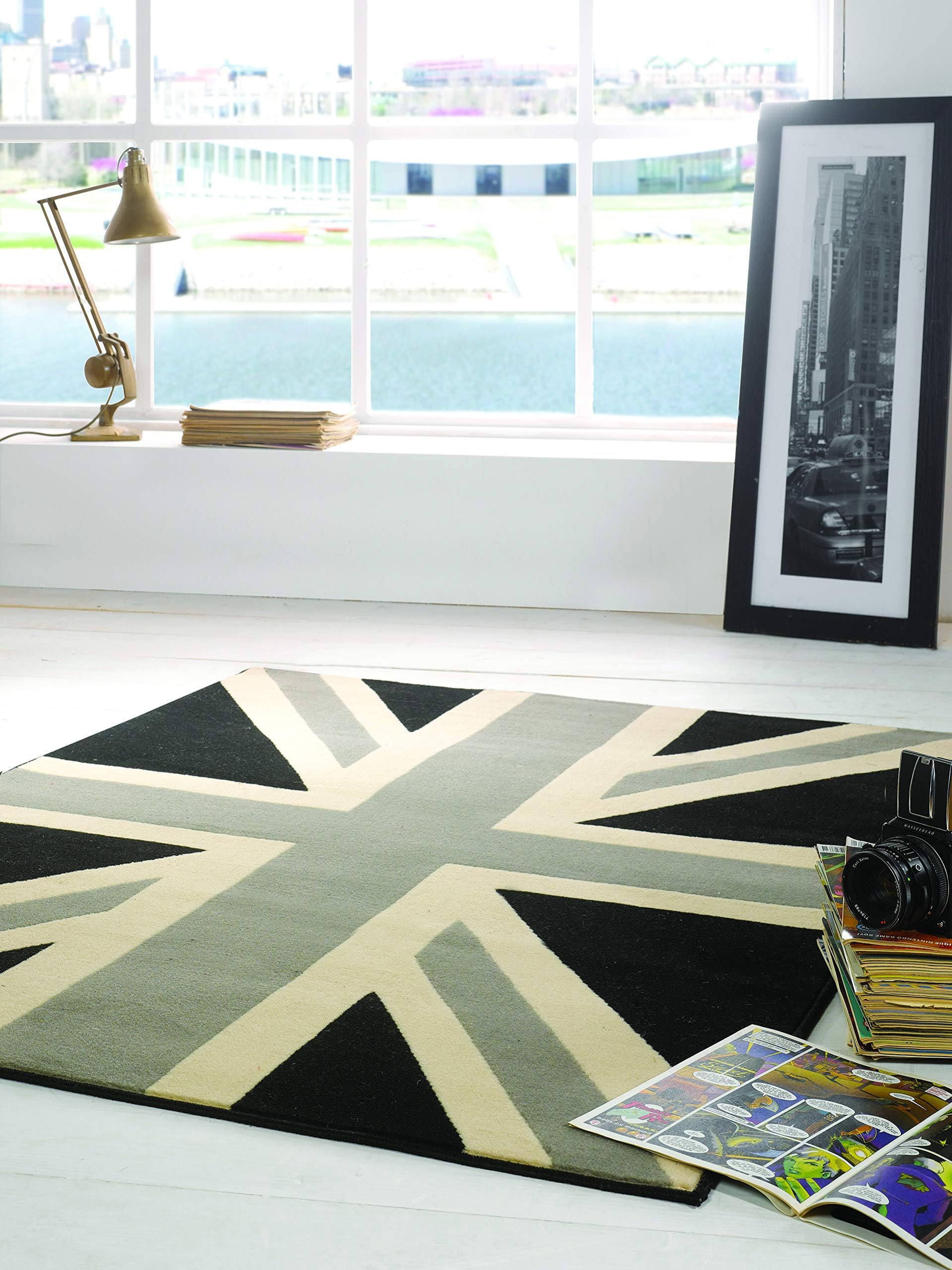 Buckingham Rug Great Britain Flag Union Jack Design Carpet in 2 Sizes and Colour (5'3''x7'3'' (160x220cm), Grey/Cream/Black)