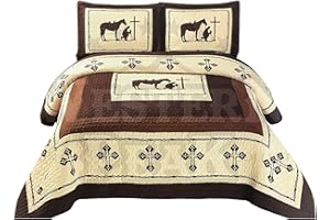 Western Peak 3 Pcs Western Texas Cross Praying Cowboy Cabin Lodge Barbed Wire Luxury Quilt Bedspread Comforter Brown Beige (Queen)
