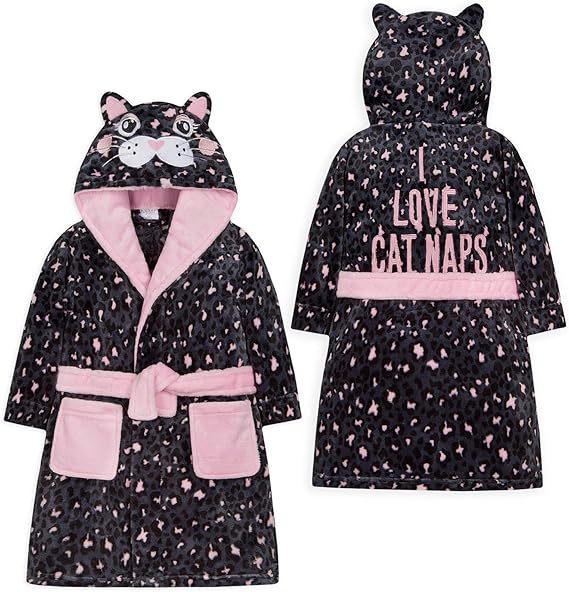 JollyRascals Girls Dressing Gown Cat Robe Novelty Soft Fleece Leopard