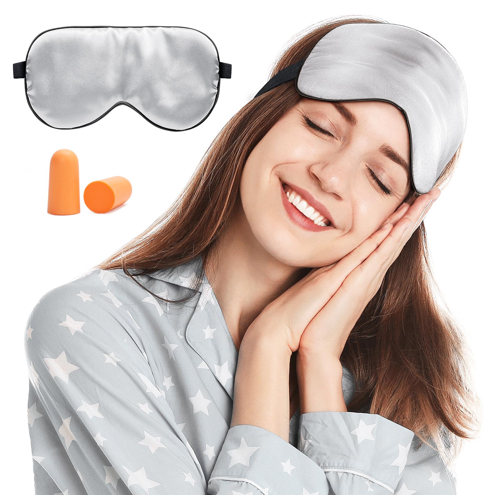 Viedouce Sleep Eye Mask,100% Natural Silk Eye Mask for Sleeping,Eye Blinder with Adjustable Strap and Ear Plug,Light-Blackout Design,Soft Sleep Mask for Women,Men and Kids(Silver)