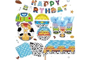 XUELIREN 182PCS Toy Theme Party Supplies Cartoon Toy Theme Party Decorations Toy Theme Tableware Set Plates Napkins Cups Banners Tablecloths Forks Knives Holds 20 Guests