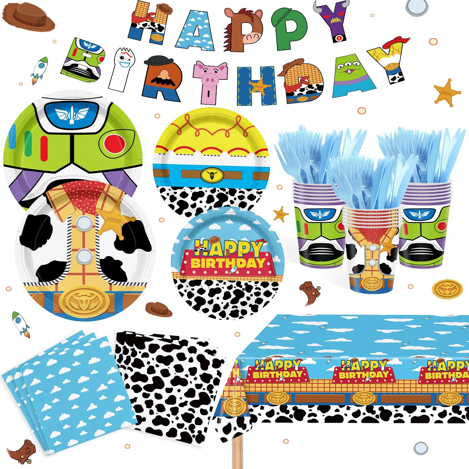 Photo 1 of 182PCS Toy Theme Party Supplies Cartoon Toy Theme Party Decorations Toy Theme Tableware Set Plates Napkins Cups Banners Tablecloths Forks Knives Holds 20 Guests