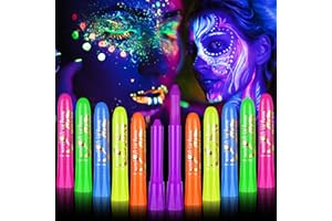 MDCGFOD 12Pcs Glow in The Black Light Dark Face Body Paint 6 Colors UV Neon Light Fluorescent Crayons with Neon Temporary Tattoos Face Paint Sticks Makeup Kit for Kids Adults Halloween Club