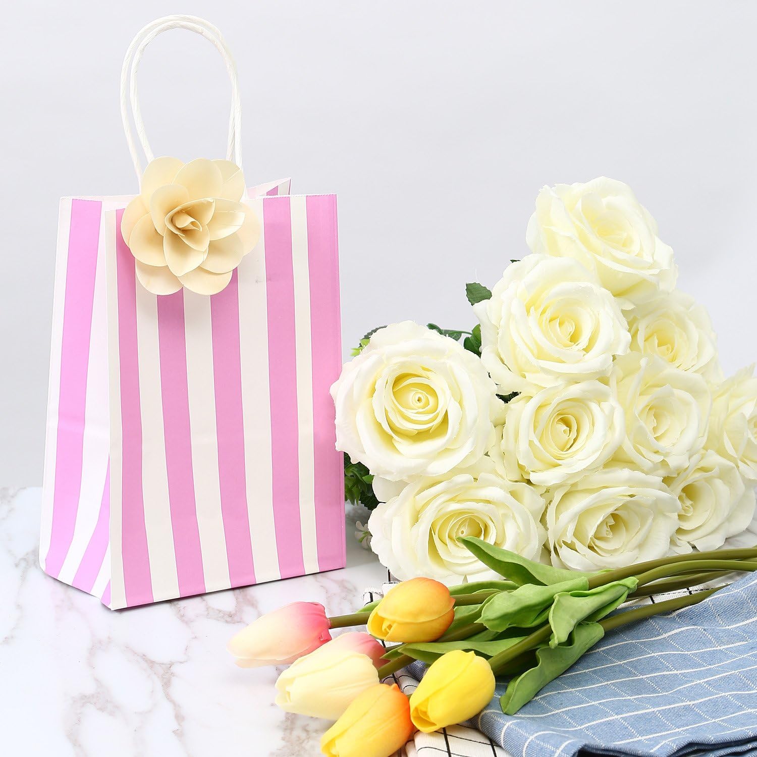 Ronvir 50Pcs Small Gift Bags 14 x 8 x 21cm, Pink Stripes Recycled Paper Bags With Handles for Party Favor,Business, Birthday - Image 3