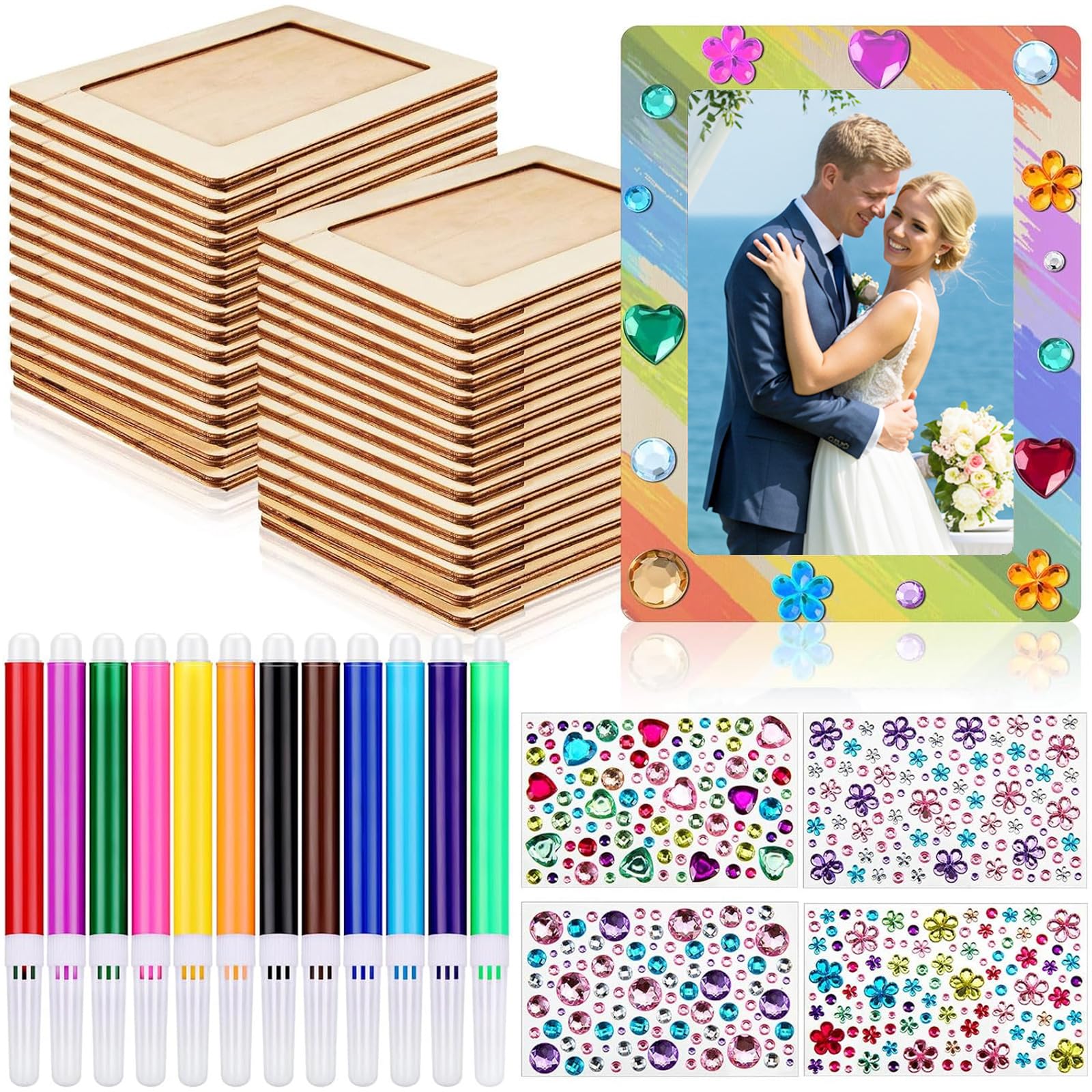 Photo 1 of 16 Pieces Picture Frame Painting Craft Kit Wooden Picture Frames for 4 x 6 Photo with 12 Painting Color Pens, 4 Diamond Sticker Sheets for Christmas & Home for DIY Craft