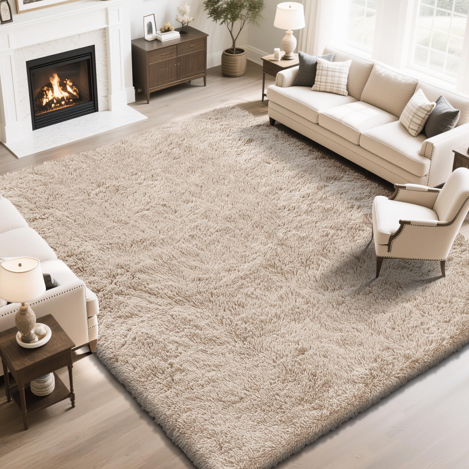 Photo 1 of yongyangjuxin Fluffy Rug Shaggy Area Rug, Beige 9x12 Area Rugs for Living Room, Large Shag Area Rugs for Bedroom Kids Room Home Decor, Upgrade Anti-Skid Rectangular Fuzzy Rugs