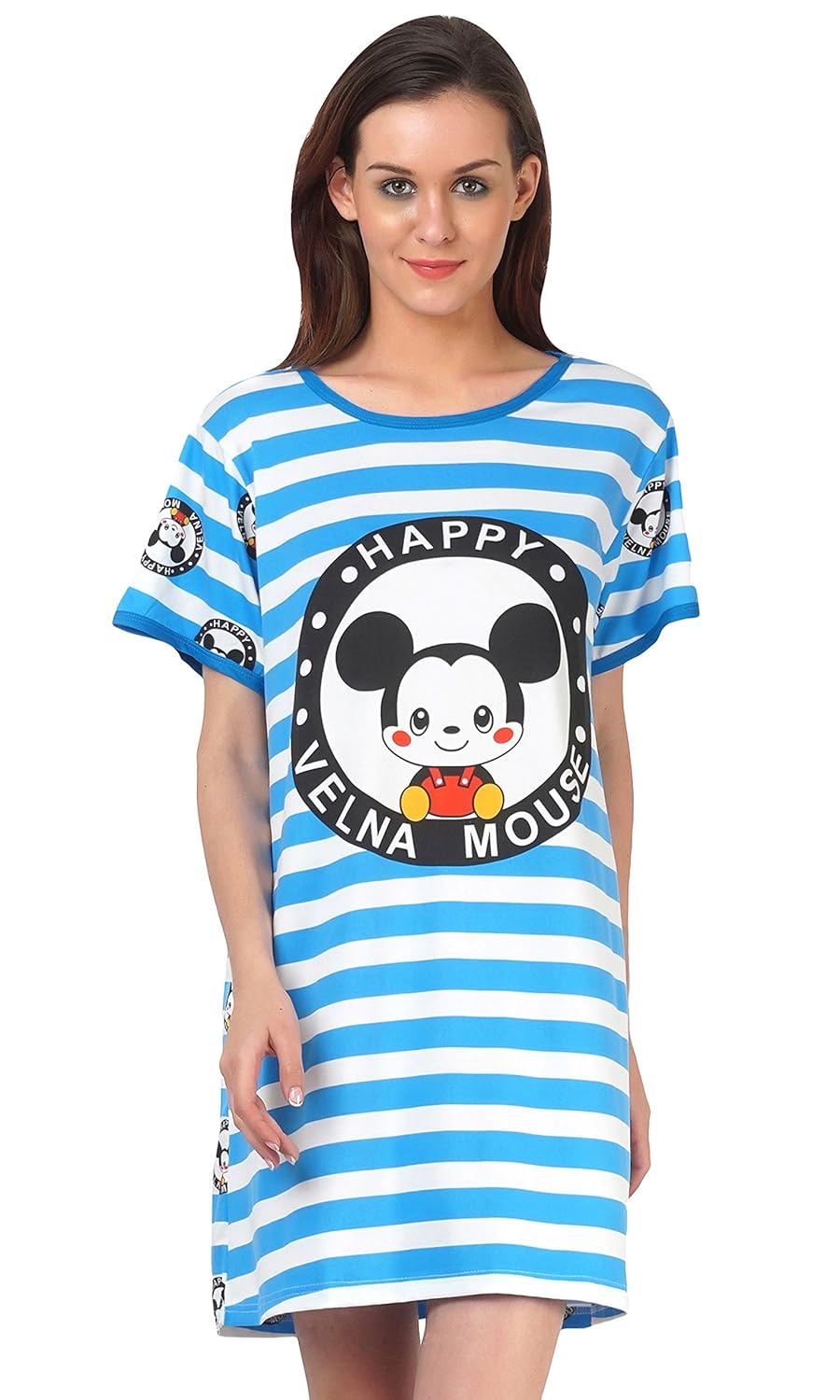 fflirtygo long tops for women nightwear, graphic print short nighty in blue white combo, soft cotton nightwear tshirt for women by