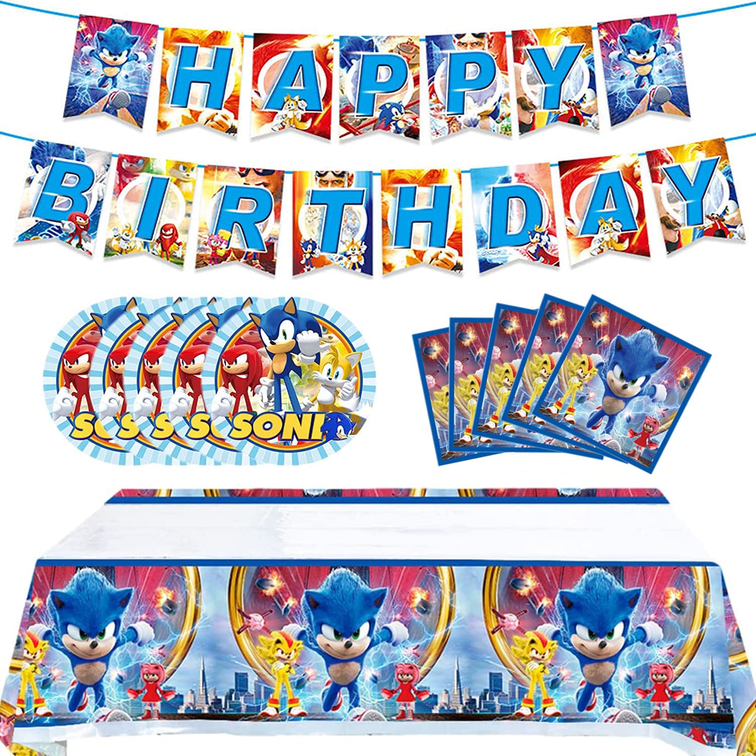 Xiaoma Sonic 2 Birthday Party Supplies, 32Pcs Sonic Decorations for Kids' Birthday, Includes Banner, Tablecloth, Plates, and Napkins