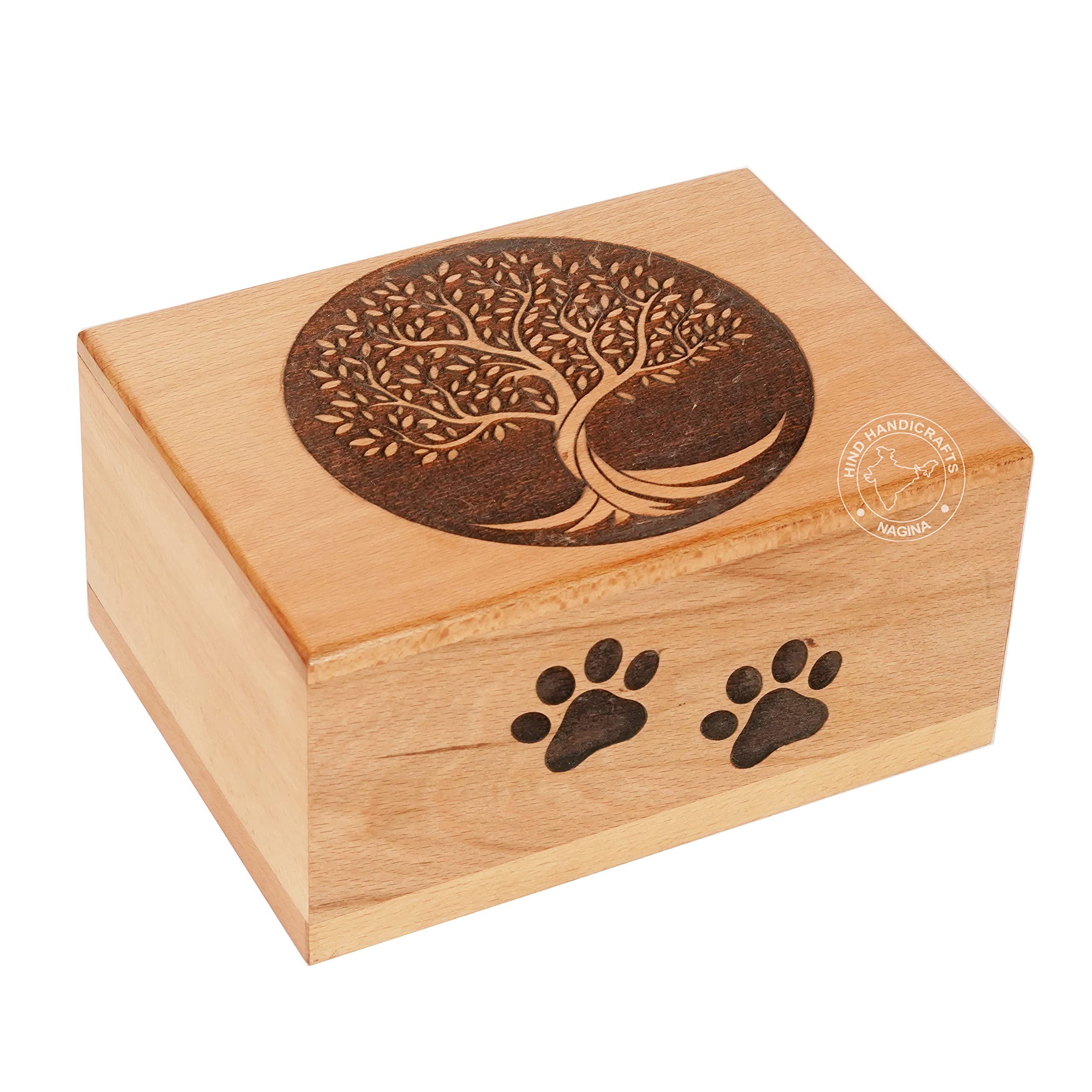 Hind Handicrafts Brass Paw Inlaid Rosewood Pet Urn – Handcrafted Wooden Memorial Box for Dog & Cat Ashes, Pet Cremation Keepsake Funeral Urn (7" x 5" x 3.5" - 100lbs or 45kg, Tree of Life)