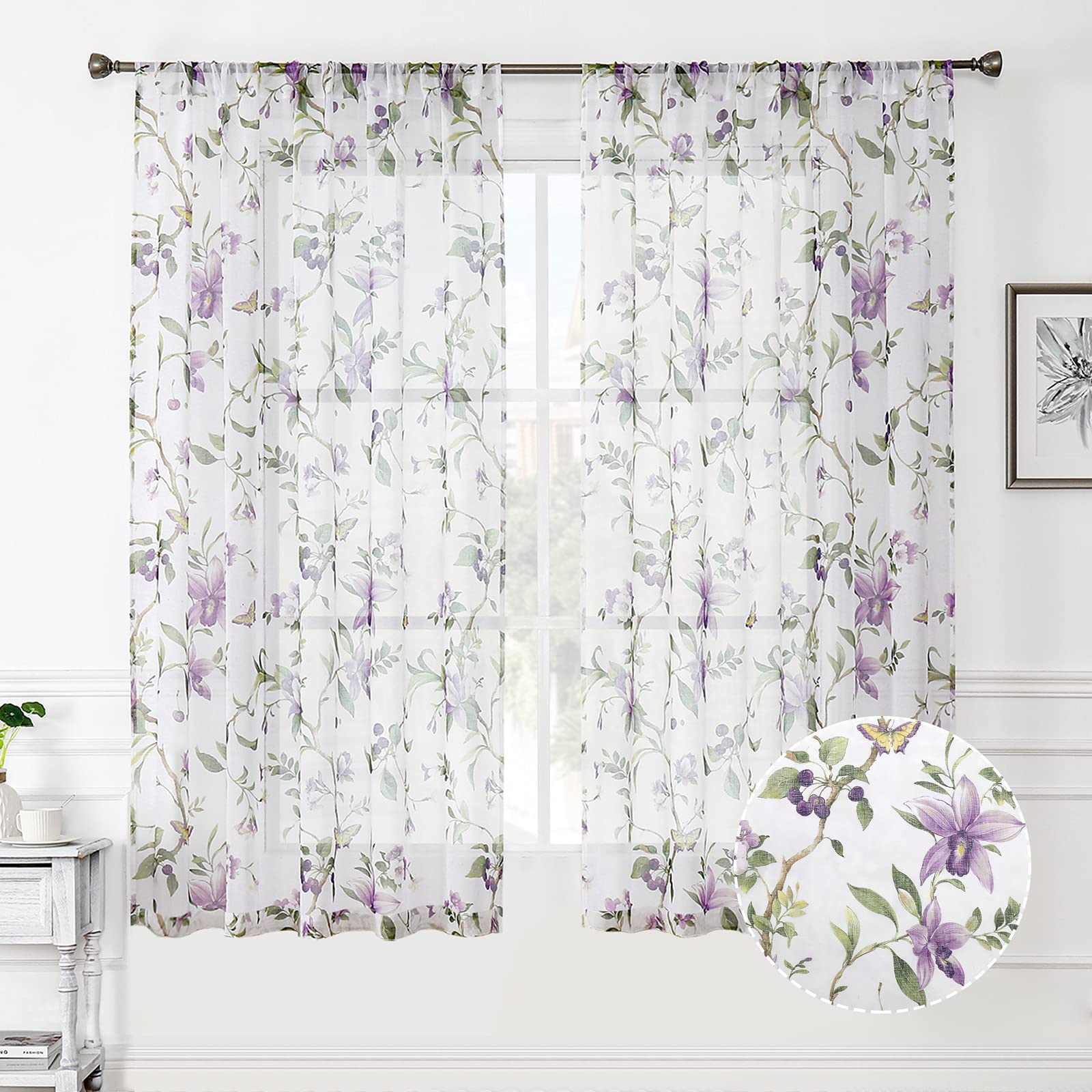 Tollpiz Floral Sheer Curtains Purple Cherry Flower Butterfly Print Living Room Curtain Rod Pocket Voile Linen Look Short White Sheer Curtains for Bedroom, 54 x 45 inches Long, Set of 2 Panels