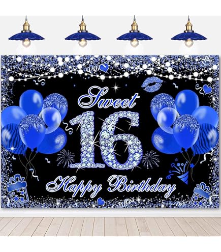 Sensfun Sweet 16 Geburtstag Hintergrund – Blau & Silber, 2,1x1,5 M, Mit Glitzer & Herzen, Für Mädchen-Partys