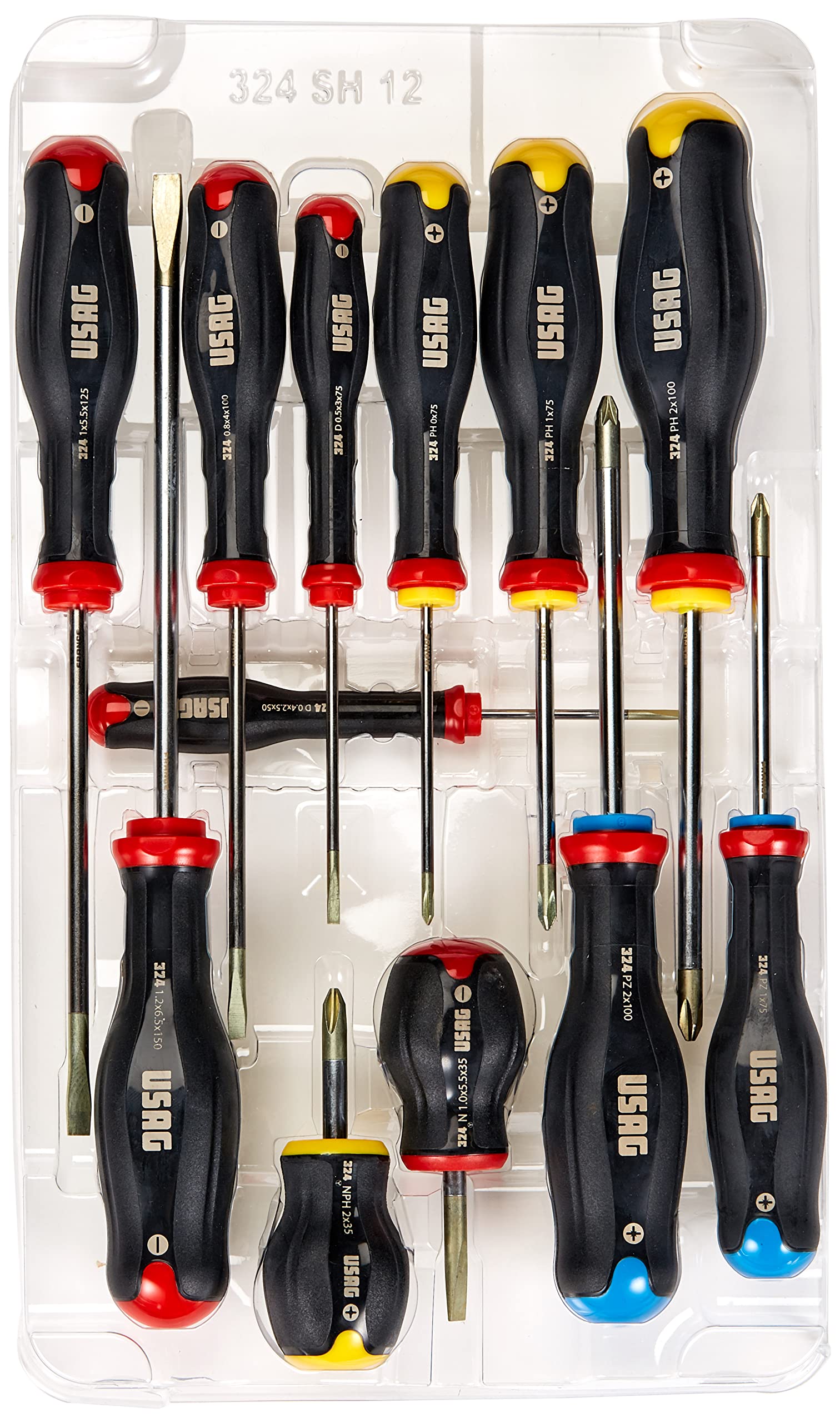 USAG U03240651 - 324 SH12 - Set of 12 screwdrivers for slot-head, PHILLIPS® and POZIDRIV® -SUPADRIV® screws