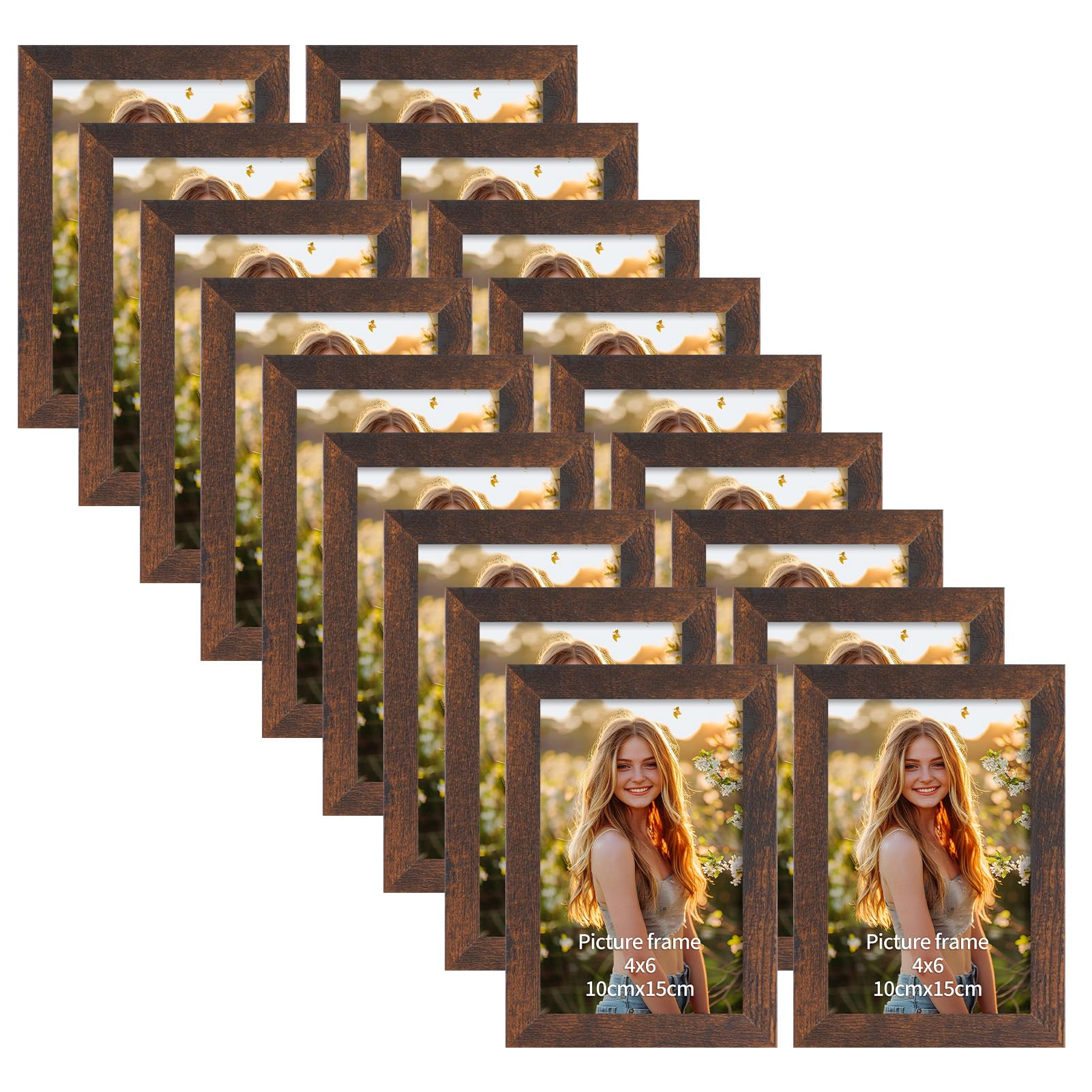 PETAFLOP Wooden Picture Frame 4x6 Bulk Set of 18, Brown Photo Frames Fits 4 by 6 for Wall or Tabletop Display Image