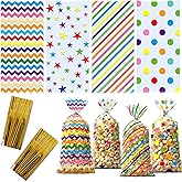 100 PCS 4 Styles Clear Cellophane Treat Bags with Twist Ties, Plastic Goodie Bags Cookie Candy Gift Bag for Kids Birthday Par
