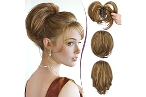 RUWISS Claw Clip Short Human Hair Ponytail Extension with Bendable Metals for DIY Styles, Straight Messy Bun Hair Piece for Women Thick Hairpieces for Daily Wear, 9 Inch Brown with Blonde Highlight