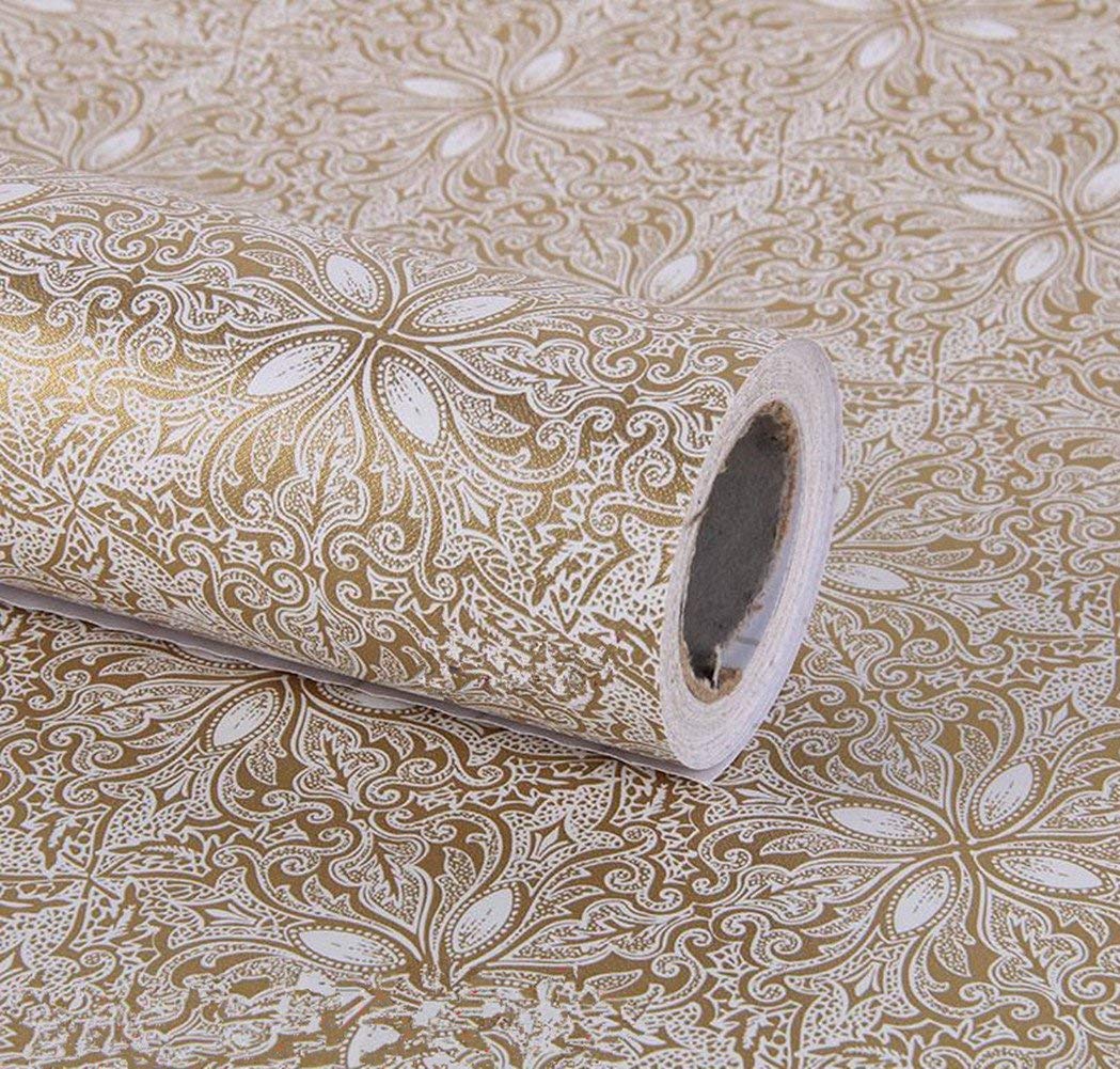 Vintage Gold Floral Adhesive Paper Peel Stick Wallpaper Drawer Dresser Shelf Liner Home Decorative Paper 17.7inch by 9.8ft
