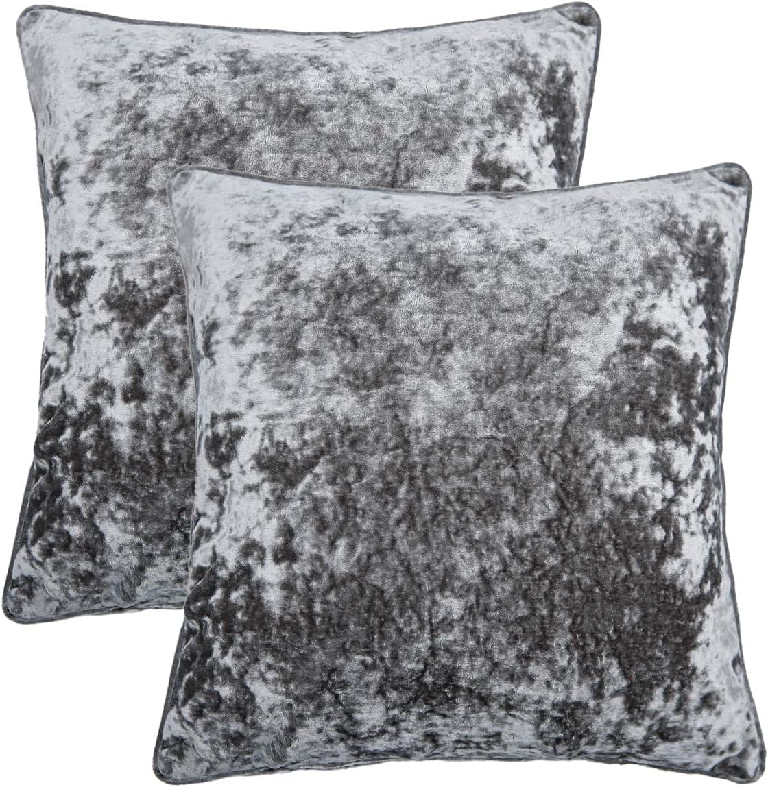Pack of 2 Luxury Crushed Velvet Grey Throw Pillow Covers for Sofa Couch Chair, 20"x 20" Square Decorative Plush Pillowcases Cushion Cover for Bedroom Livingroom Car