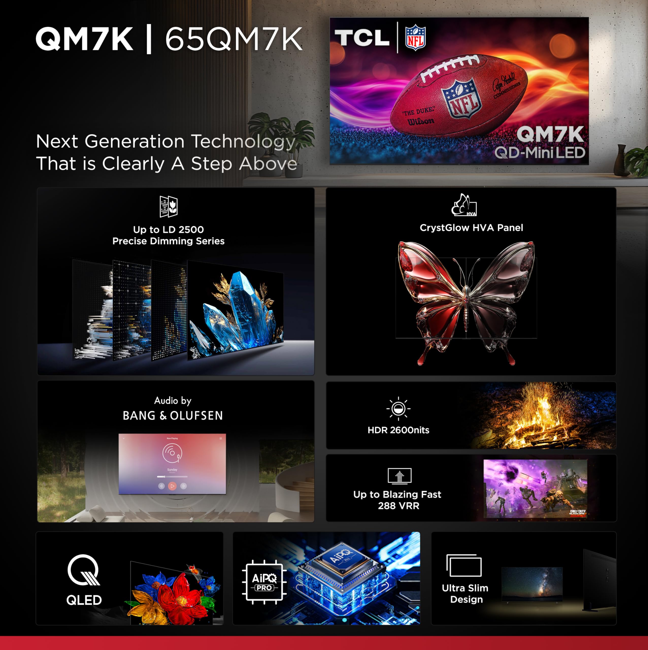 TCL 65-Inch Class QM7K Series QD-Mini LED 4K UHD Google Smart TV Best Premium Mini-LED TV - QLED, 144hz, 288hz Gaming Rate, Anti-Reflective Screen, Bang & Olufsen Audio, Atmos (65QM7K, 2025 Model)
