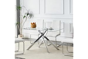 GSSDEE 51.18" Rectangular Glass Dining Table, Tempered Glass Kitchen Tabe with Metal Legs, Stylish and Sturdy Dinner Table for Home and Outdoor Dining (Silver, 51.18'')