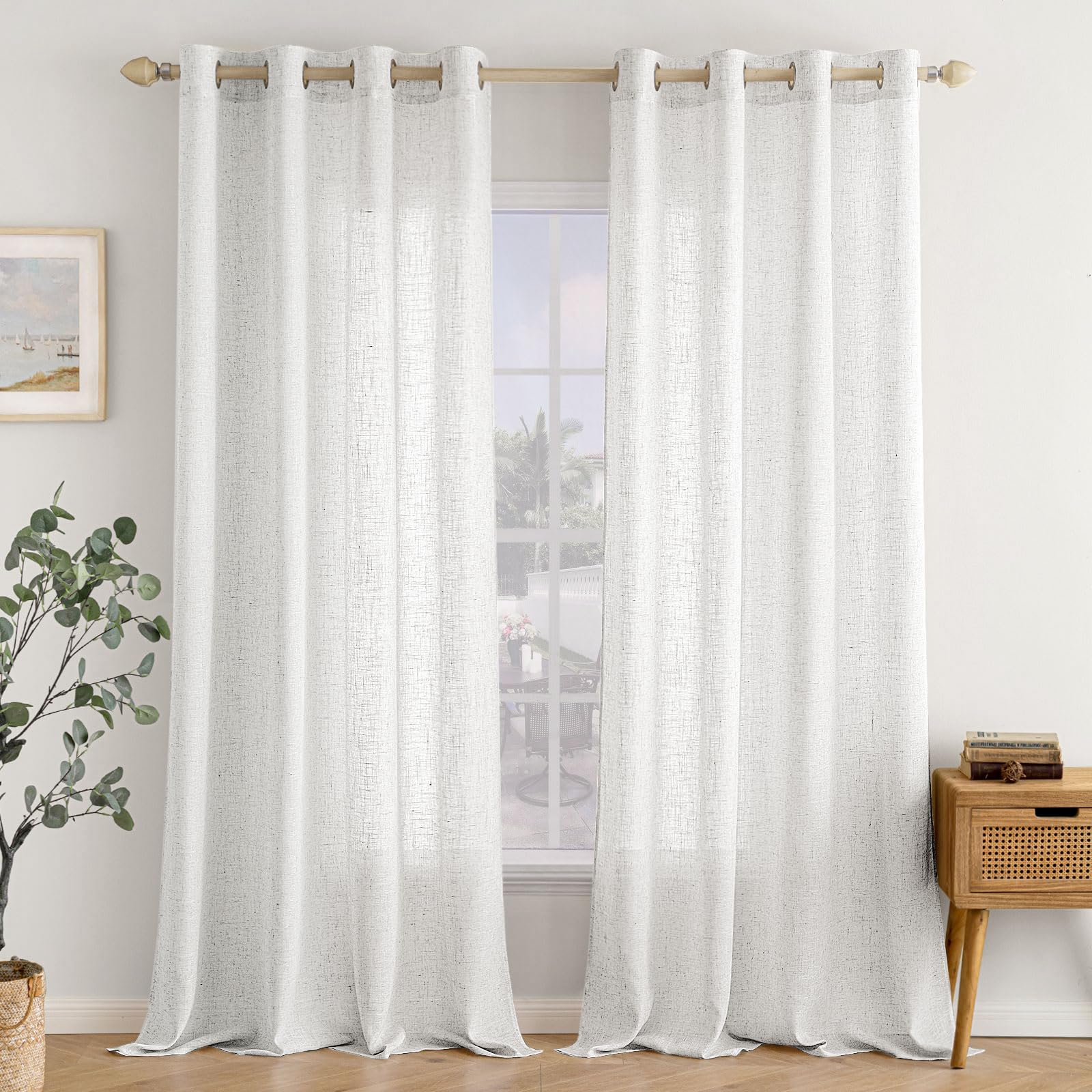 EMEMA Curtains, Linen Curtain with Eyelets, Voile Curtain, Linen Look, Modern Semi-Transparent for Living Room, Decorative Curtain, Children's Room, Tab-Top Curtain, Kitchen Curtains, Set of 2, 140 x