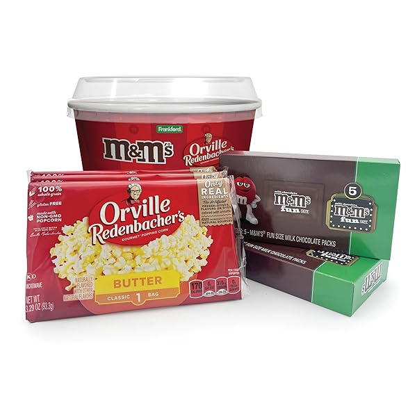 M&M’S AND ORVILLE REDENBACHER’S MOVIE NIGHT SUPPLIES SNACK SET, MILK CHOCOLATE CANDIES AND BUTTER POPCORN, 14.6 OZ GIFT PACK WITH 10 FUN SIZE M&M’S AND 3 POPCORN BAGS