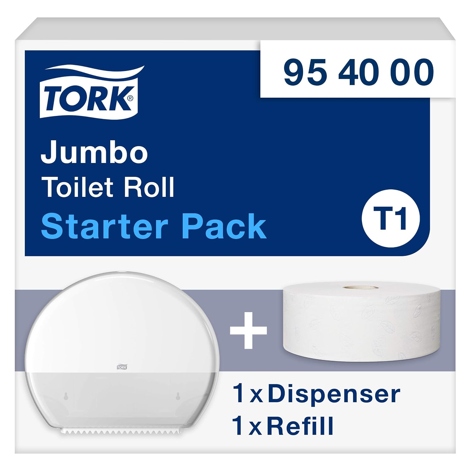 Tork Jumbo Toilet Paper Wall Mounted Dispenser Starter Pack White T1, High Capacity, Elevation Range, Dispenser and 1 x Refill, 954000
