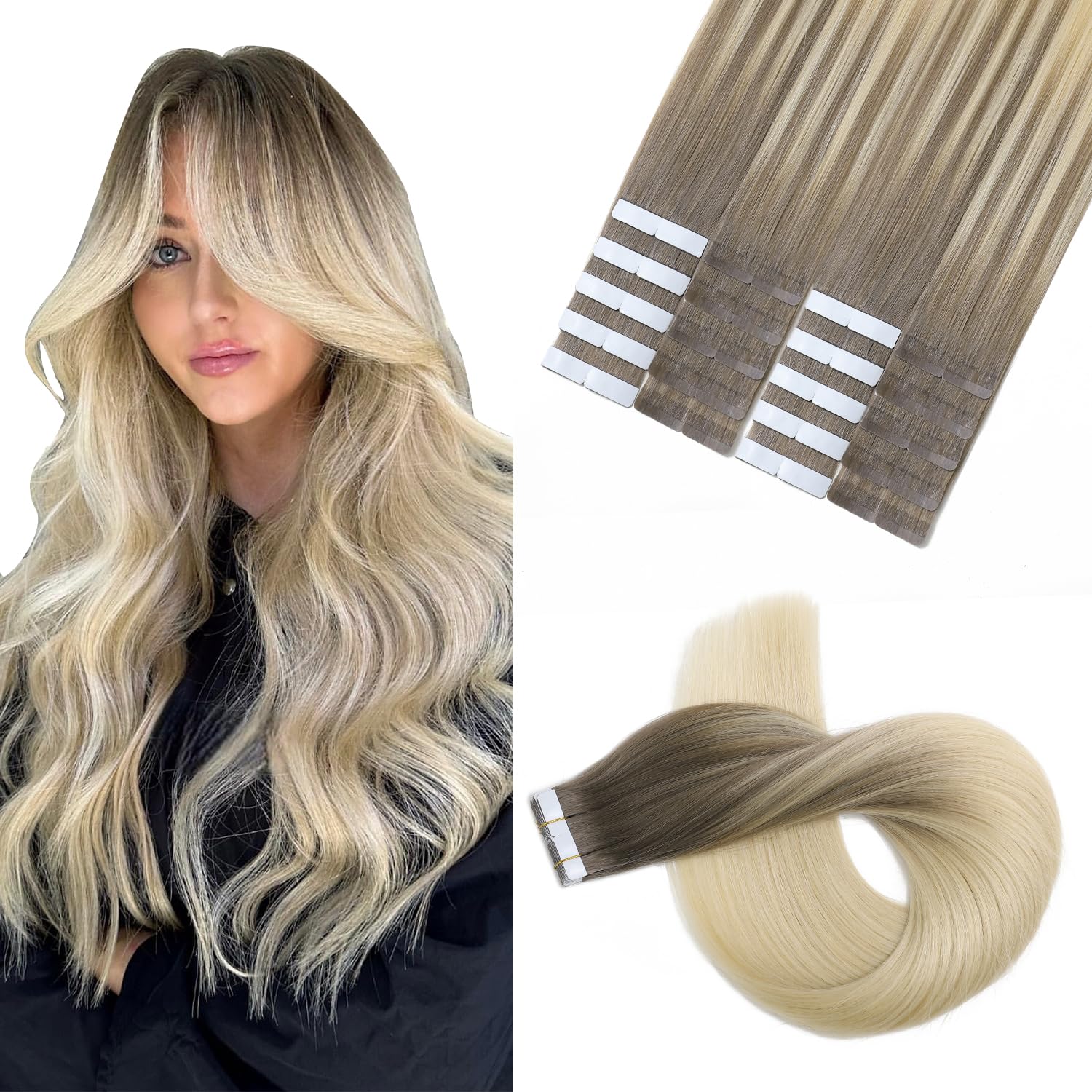 XDhair Tape in Real Human Hair Extensions 16Inch Ash Brown to Platinum Blond 50g 20Pcs Stright Invisible Tape in Human Hair Extensions for Fashion Women(#8/60,16Inch)