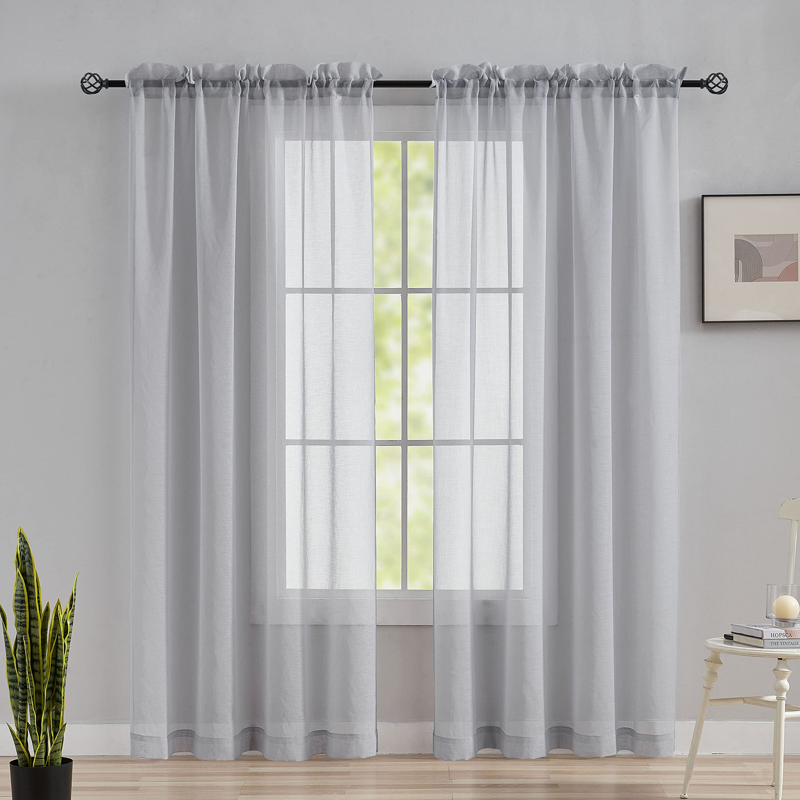 Home Brilliant Long Boho Style All Voile Curtain Window Curtains Grey Net Curtains for Sun Light Filter & UV Rays Prevent, 54 x 84 Inch Drop, Light Grey