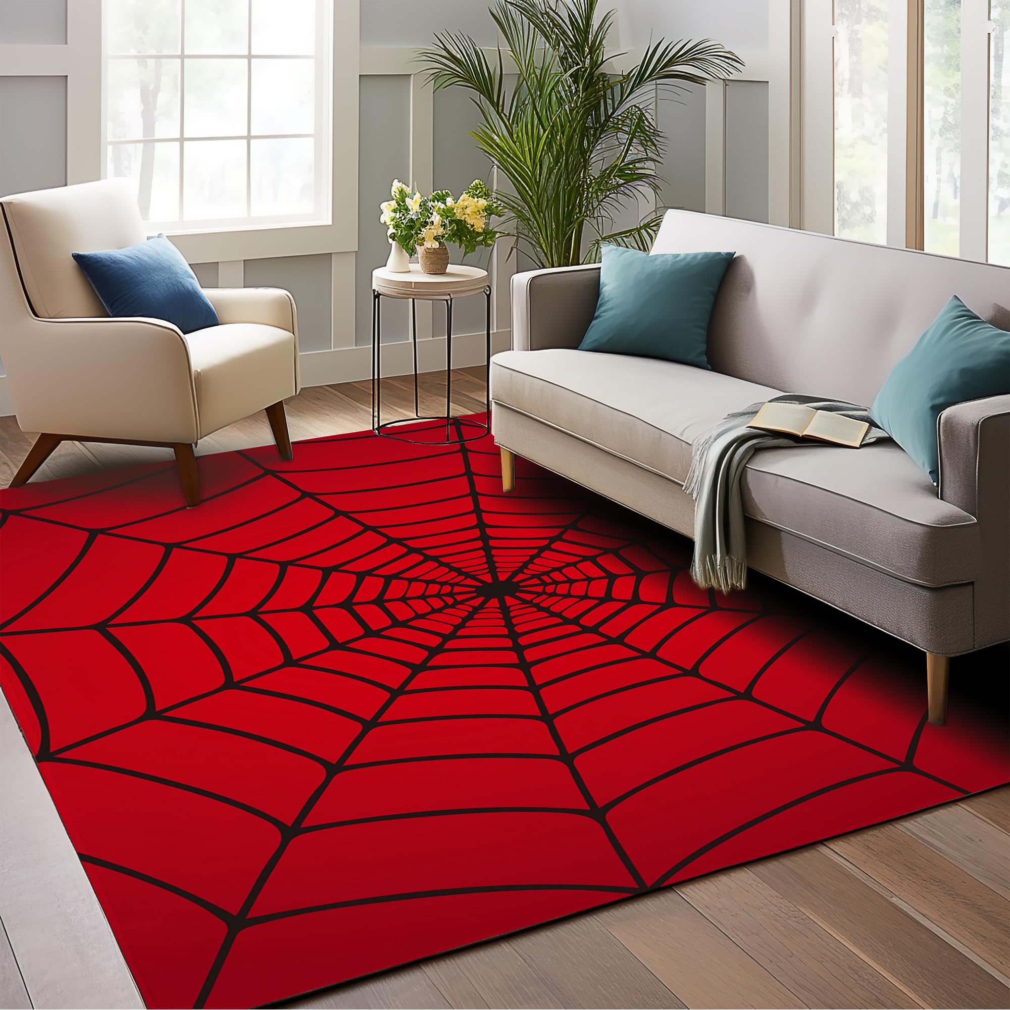 Photo 1 of Red Spider Web Area Rug, 5x7 Indoor Washable Rugs for Living Room, Farmhouse Non-Slip Carpet for Bedroom Laundry Room Kitchen, Soft Low-Pile