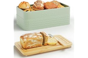 Bread Box for Kitchen Countertop,Metal Bread Storage Bin with Bamboo Cutting Board Lid, Includes Bread Knife, Fits Sourdough 