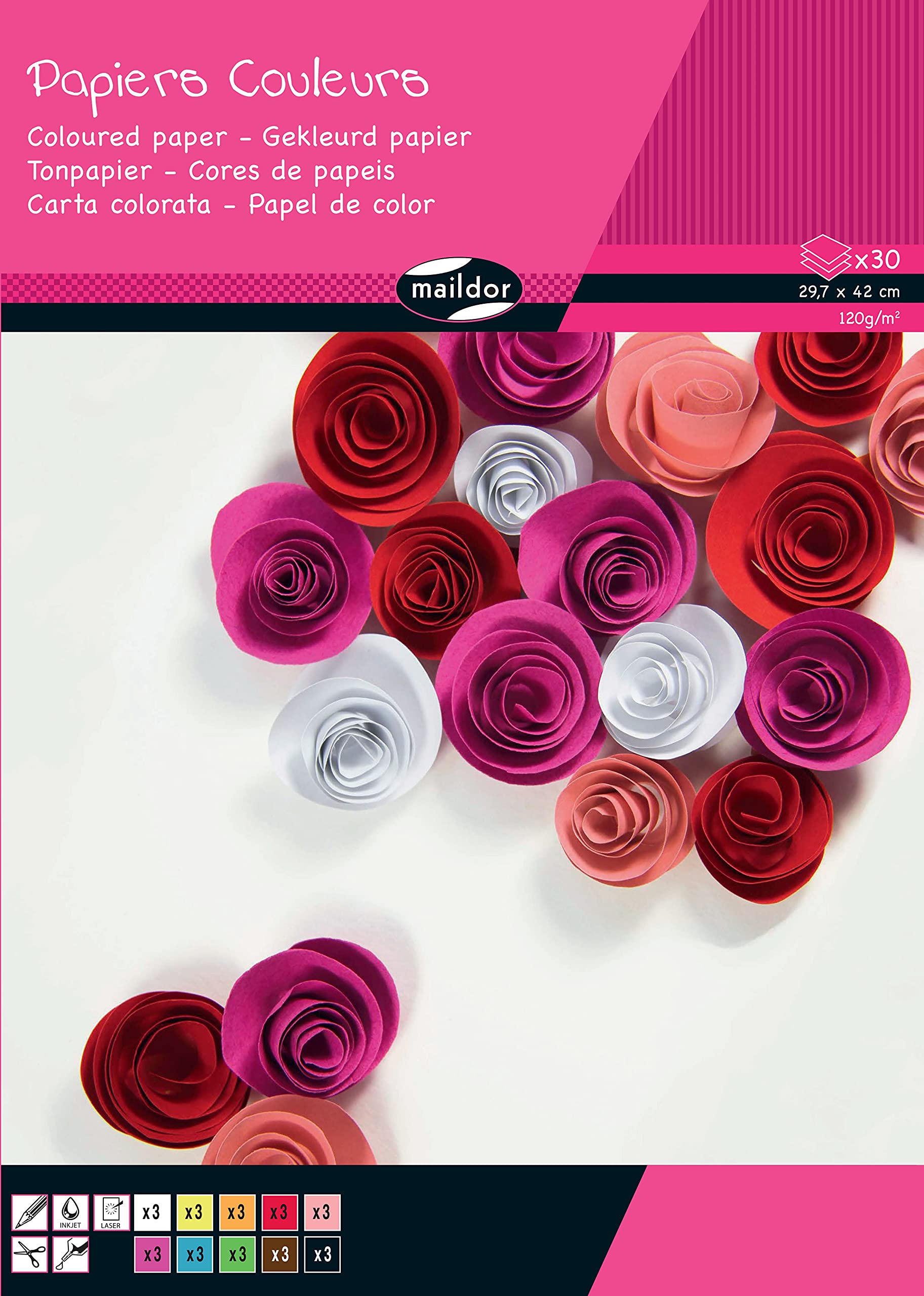 Clairefontaine 26502C Pad of 30 Sheets of Coloured Paper Format A3 (29,7x42cm) Paper 120g/m² Crafts Drawings Creative Leisure Children Adults 10 Ast Colours