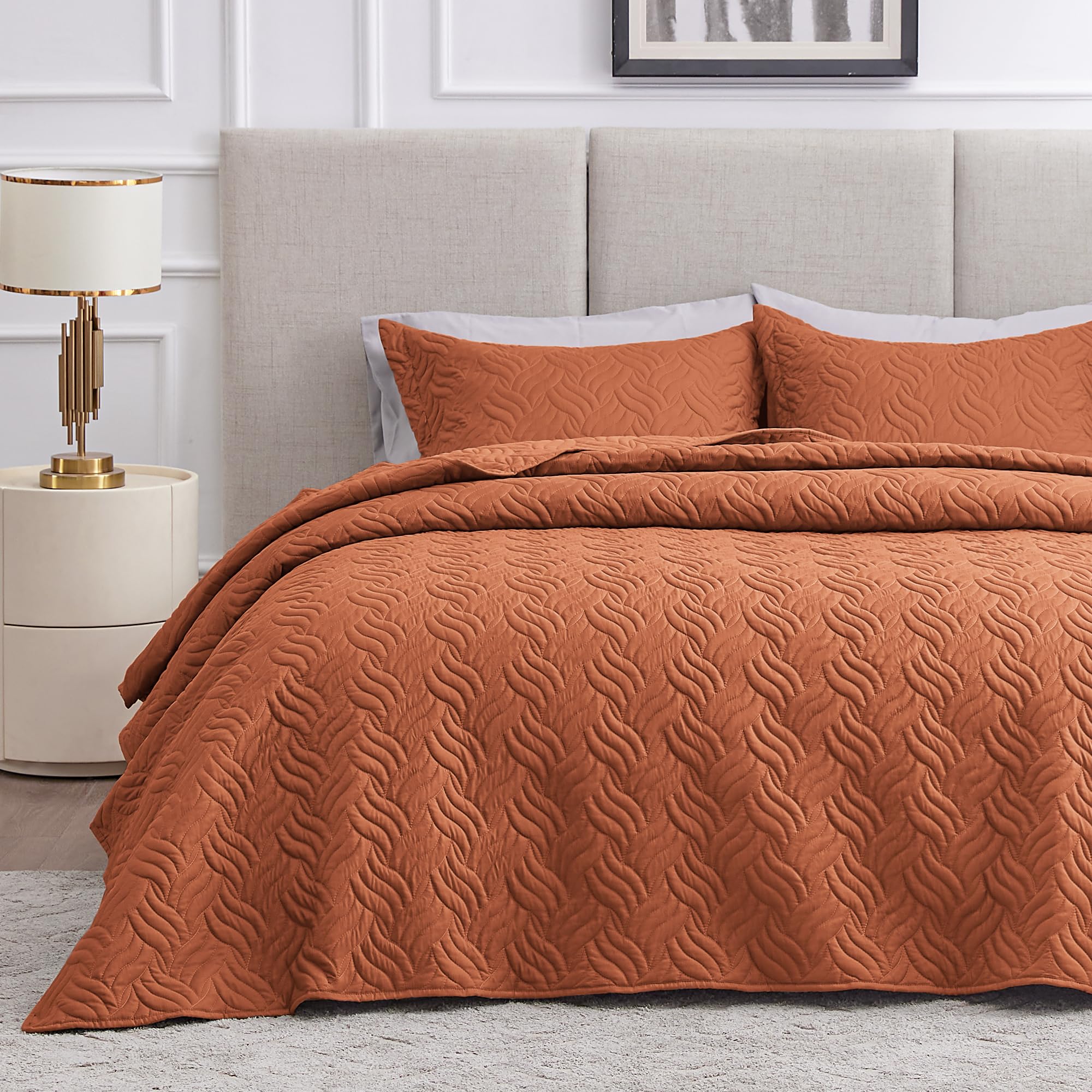 Photo 1 of Love's cabin California King Size Quilt Bedding Set Umber Bedspread - Cal King Summer Lightweight Bedspread Comforter - Wave Pattern Coverlet for All Season - 3 Pieces (1 Quilt, 2 Pillow Shams)
