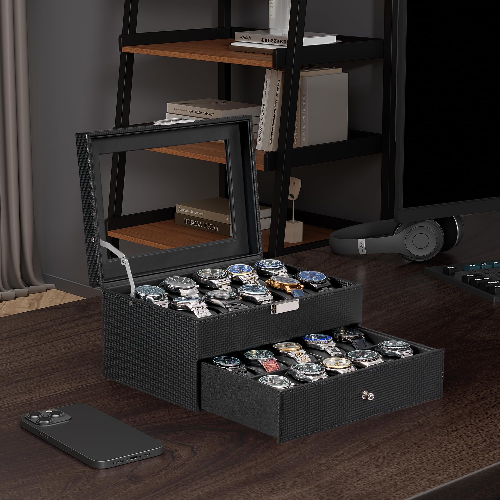 BEWISHOME Watch Case, 20-Slot Watch Box Organizer for Men Watch Case with Large Glass Lid Watch Travel Case Removable Watch Pillows, Mens Jewelry Box Watch Display Case, Watch Storage, Black SSH04C