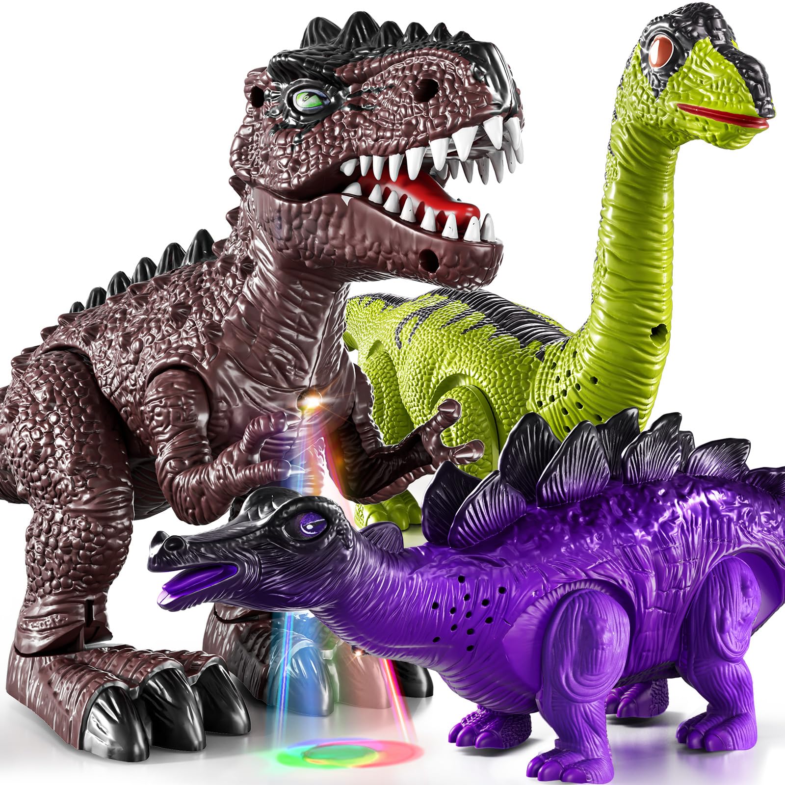 Photo 1 of TEMI 3 Pack Electrical Walking Dinosaur Toys for Toddlers 3-4 3-5 Years with Sound and Light Up, Toddler Robot Dinosaur, Brachiosaurus, Stegosaurus Dinosaur Figures for Kids