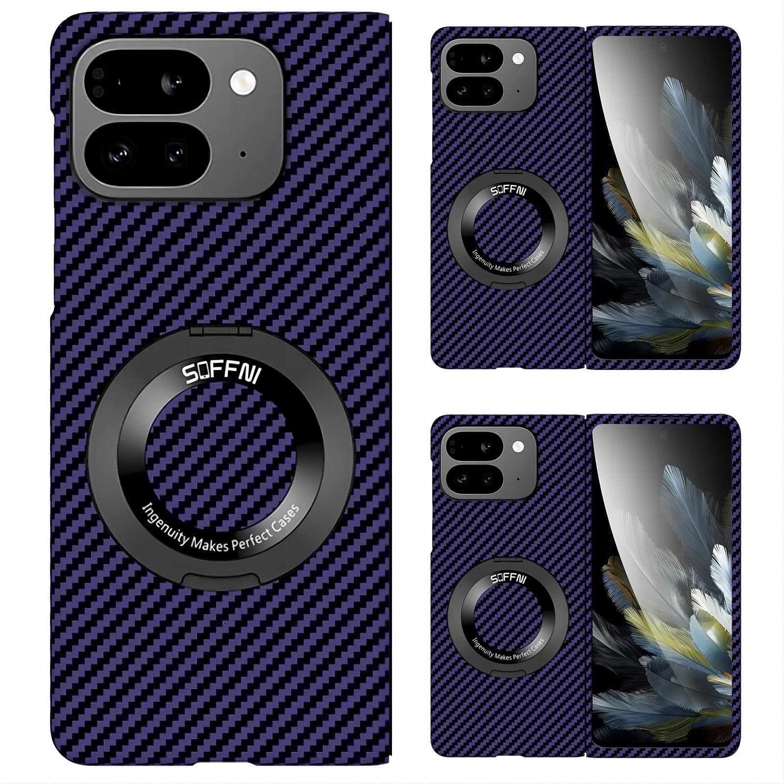 Hülle Case for Pixel 9 Pro Fold Cover Carbon Fiber Wireless Charge + 360°Rotating Ring Bracket,Curved Shell for Google Pixel 9 Pro Fold(1)