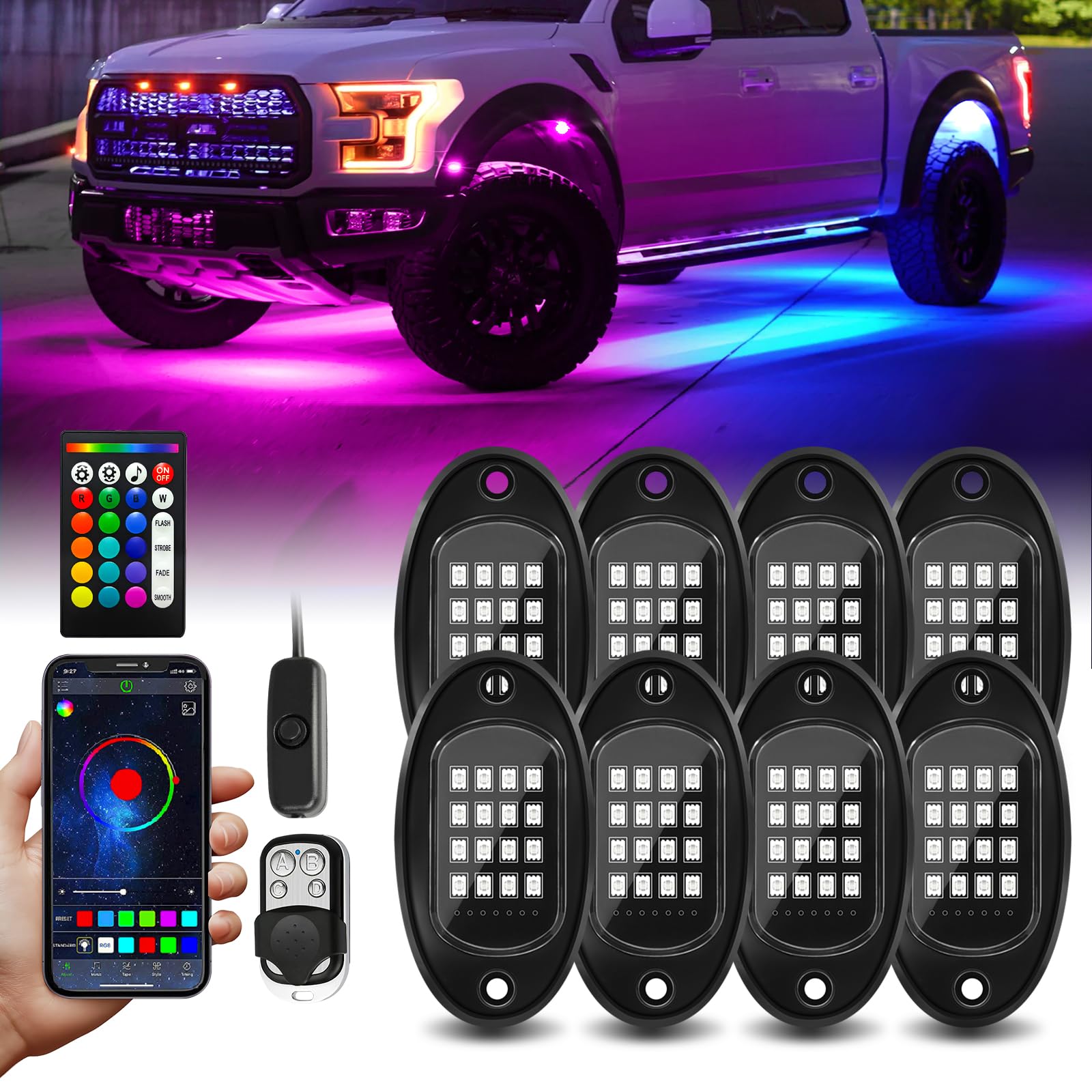 Photo 1 of 8 Pods RGB LED Rock Lights with APP/RF Remote Control High Brights Waterproof Underglow Multicolor Zone Neon Exterior Rock Lights for 12V Trucks Jeep UTV ATV RZR Offroad Pickup SUV Accessory