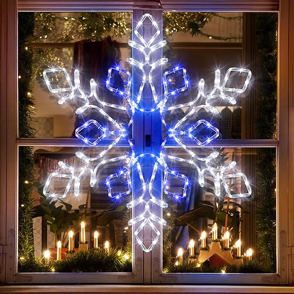 CHRISTMAS 35” SNOWFLAKE LIGHTS DECORATION – OUTDOOR WATERPROOF CHRISTMAS LIGHTS SUPER-BRIGHT WHITE AND BLUE WITH ULTIMATE TIMER FOR OUTDOOR HOME PARTY WALL HANGING LIGHT
