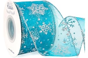 Ribbli Snowflake Glitter Wired Ribbon,Turquoise Blue Organza Sheer Ribbon with Silver Glitter Snowflake Pattern and Silver Metallic Edge,2-1/2 Inch x 10 Yards Christmas Ribbon for Tree Decoration