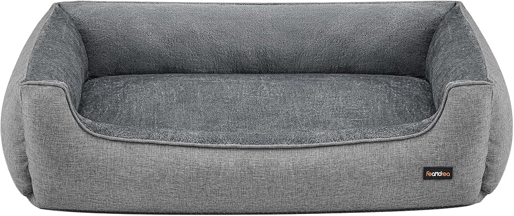 Feandrea XXL Linen Look Dog Bed with Raised Edges 120 x 90 cm Grey