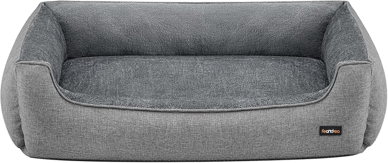 Feandrea XXL Linen Look Dog Bed with Raised Edges 120 x 90 cm Grey
