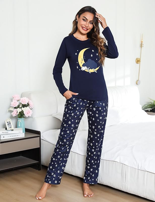 Ensemble de Pyjama Femme Hiver Cotton Vêtements de Nuit à Chaud Manches Longues 2 Pièces Imprimé Tenue de Nuit Bleu Foncé,S — photo 4 sur 6