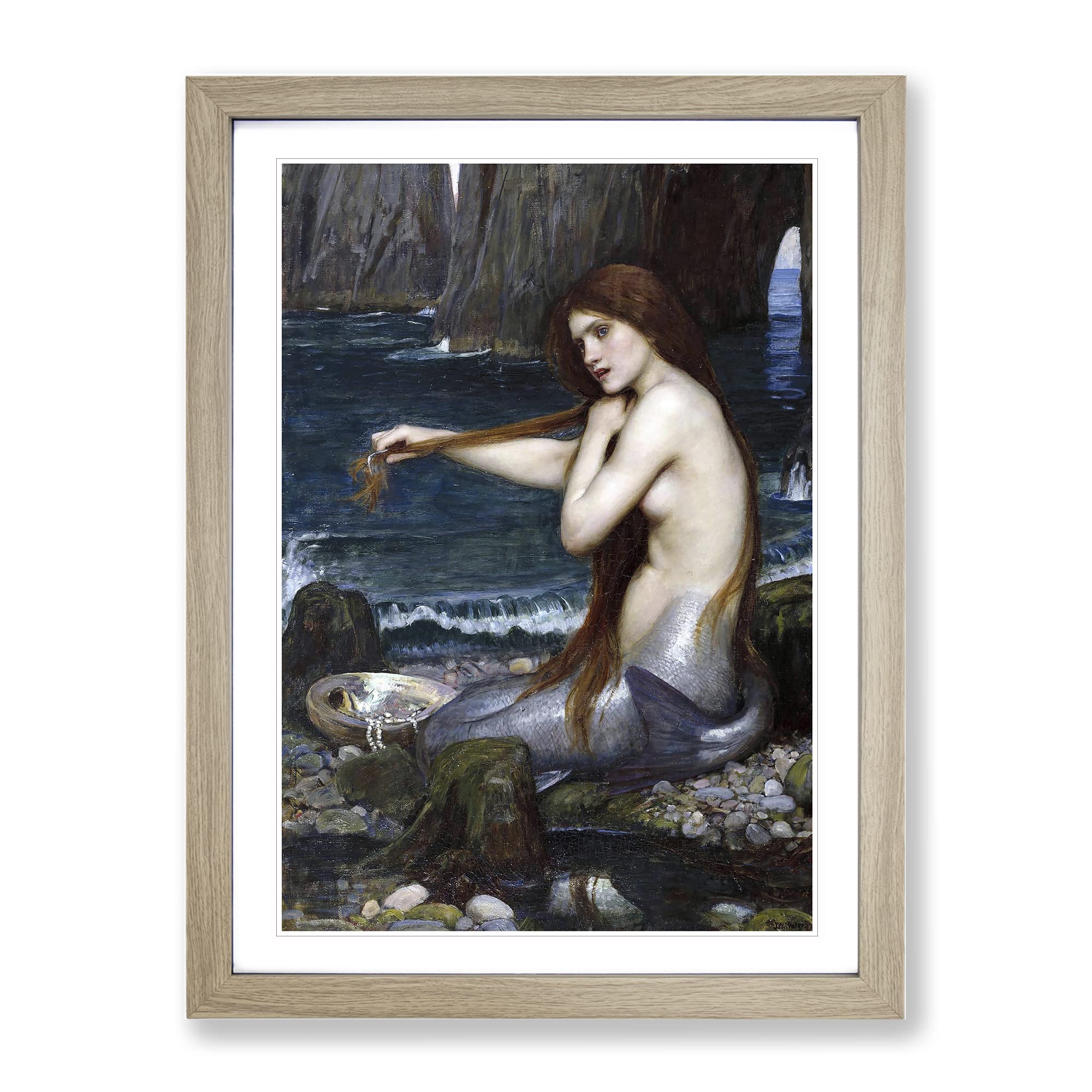 John William Waterhouse A Mermaid Classic Painting Framed Wall Art Print, Ready to Hang Picture for Living Room Bedroom Home Office Décor, Oak A4 (34 x 25 cm)