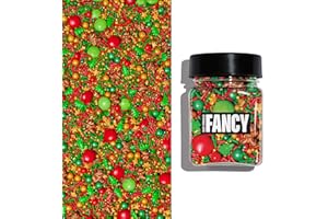 Fancy Sprinkles Limited Edition Holiday Holladaze Sprinkles Red, Green and Gold Blend of our ignature Crunchy Jimmies, Candy Trees, Stars and Gingerbread Men, and Chocolate Gems (0.25c)