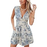 CUPSHE Women's Romper V Neck Printed Floral Sleeveless High Waist Jumpsuit Casual Vacation