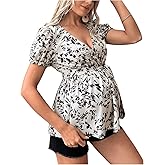 MakeMeChic Women's Maternity Floral Blouse Wrap V Neck Short Sleeve Shirts Pregnancy Babydoll Tops