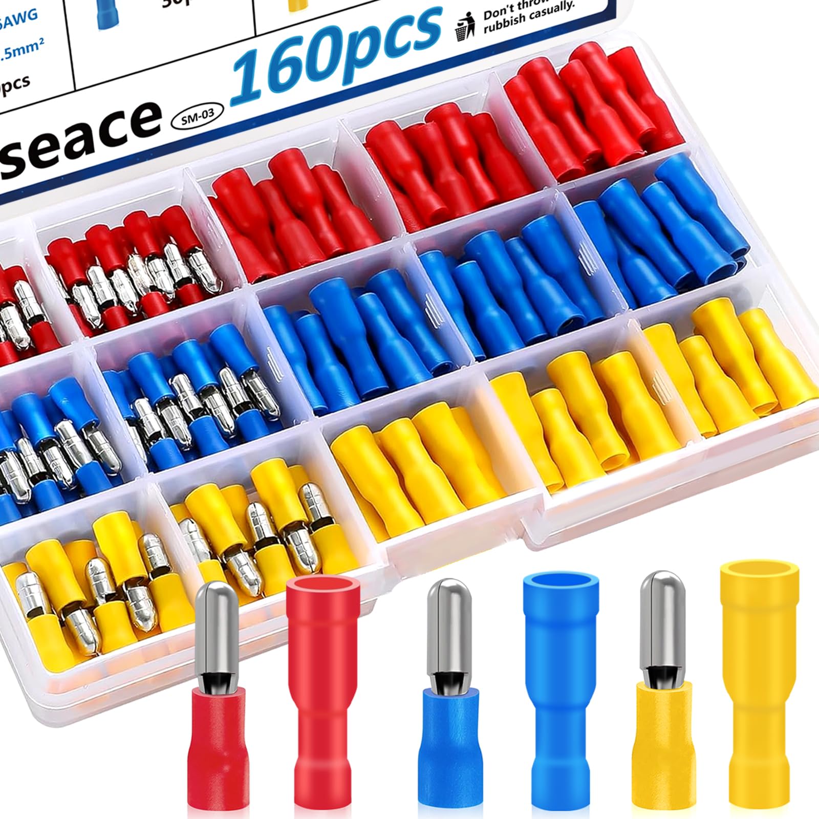 smseace 160PCS Male/Female Red Yellow Blue Bullet Quick Splice Crimp terminals connectors PVC Insulated Copper Core 22-16/16-14/12-10 AWG Wire Crimp Connector Terminals Assortment Kit SM-03